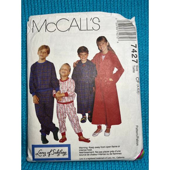 McCalls 7427 Sewing pattern Kids robe pajama top pant size 4 5 6 - Picture 1 of 6